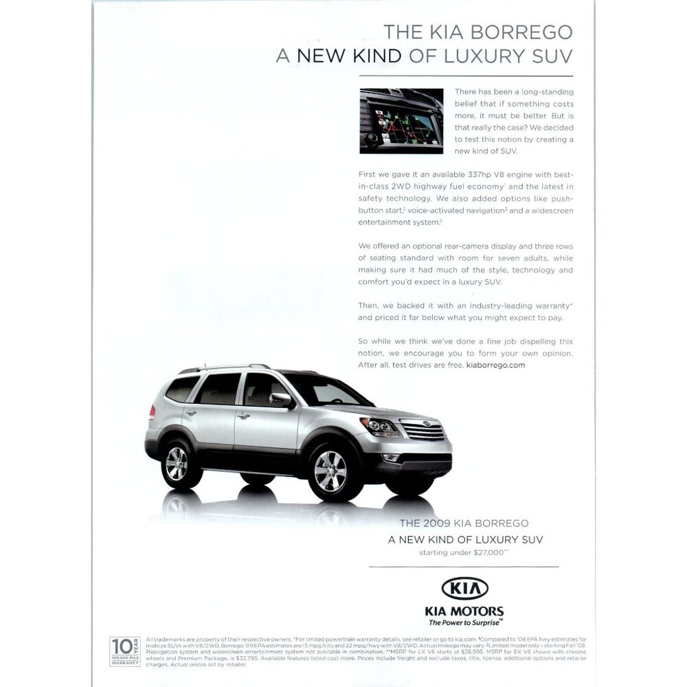 2009 Kia Borrego Luxury SUV Infotainment Screen Vintage Print Ad Wall Art